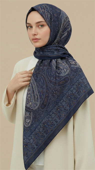 ETNİK DESEN 120 * 120 CM COTTON ŞAL EŞARP -  LACİVERT / KREM 