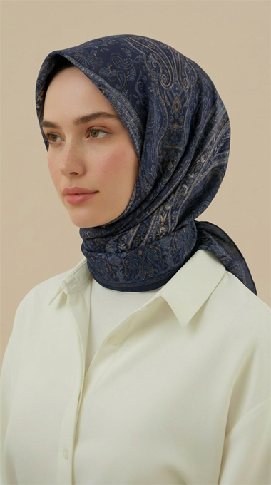 ETNİK DESEN 120 * 120 CM COTTON ŞAL EŞARP -  LACİVERT / KREM 