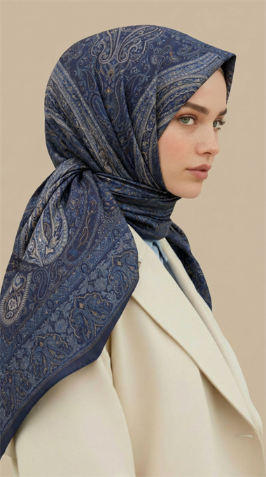 ETNİK DESEN 120 * 120 CM COTTON ŞAL EŞARP -  LACİVERT / KREM 