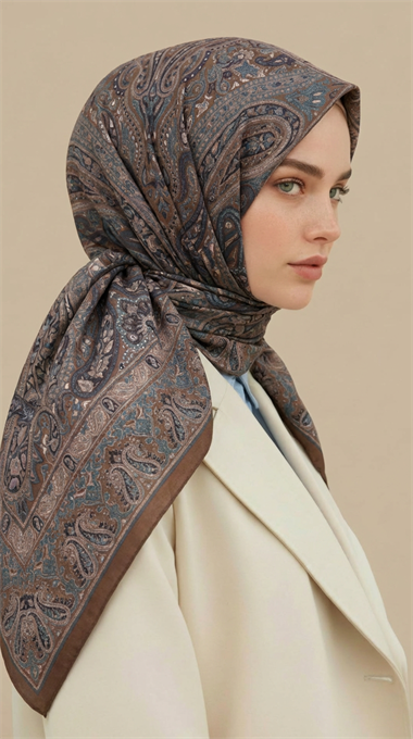 ETNİK DESEN 120 * 120 CM COTTON ŞAL EŞARP - KAHVERENGİ / YEŞİL