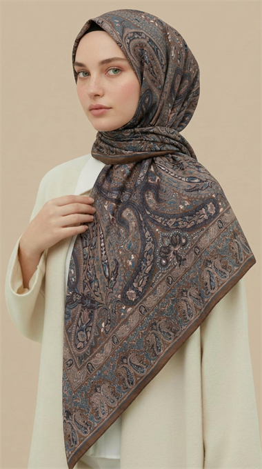 ETNİK DESEN 120 * 120 CM COTTON ŞAL EŞARP - KAHVERENGİ / YEŞİL