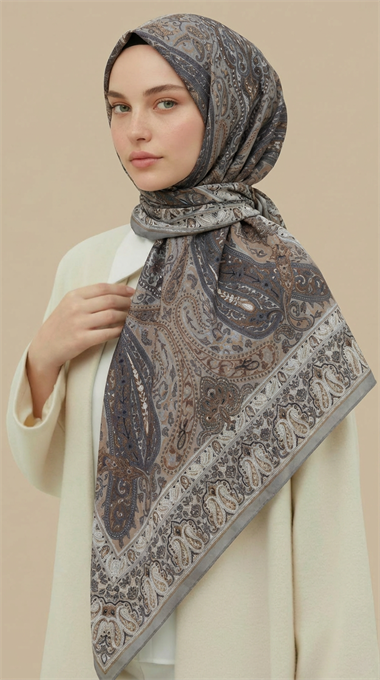 ETNİK DESEN 120 CM COTTON ŞAL EŞARP - GRİ / BEJ