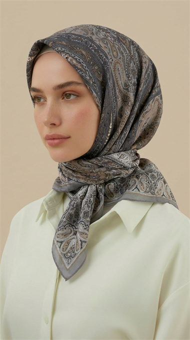 ETNİK DESEN 120 CM COTTON ŞAL EŞARP - GRİ / BEJ