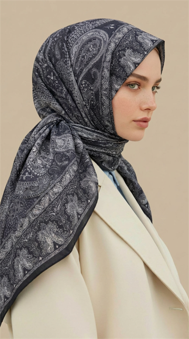 ETNİK DESEN 120 CM COTTON ŞAL EŞARP - GRİ / SİYAH 