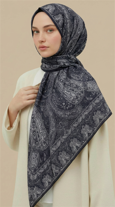 ETNİK DESEN 120 CM COTTON ŞAL EŞARP - GRİ / SİYAH 