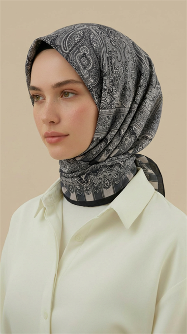ETNİK DESEN 120 CM COTTON ŞAL EŞARP - GRİ