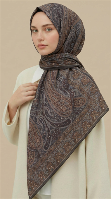 ETNİK DESEN 120 CM COTTON ŞAL EŞARP - GRİ/ HAKİ 