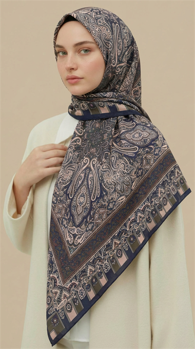 ETNİK DESEN 120 CM COTTON ŞAL EŞARP - KAHVERENGİ / LACİVERT
