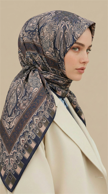 ETNİK DESEN 120 CM COTTON ŞAL EŞARP - KAHVERENGİ / LACİVERT
