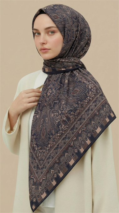 ETNİK DESEN 120 CM COTTON ŞAL EŞARP - KAHVERENGİ / LACİVERT