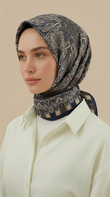 ETNİK DESEN 120 CM COTTON ŞAL EŞARP - KAHVERENGİ / LACİVERT