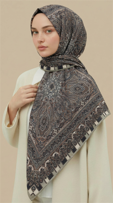 ETNİK DESEN 120 CM COTTON ŞAL EŞARP - KREM / GRİ
