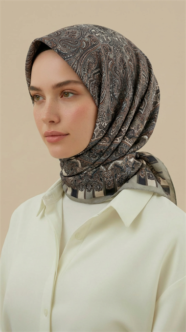 ETNİK DESEN 120 CM COTTON ŞAL EŞARP - KREM / GRİ