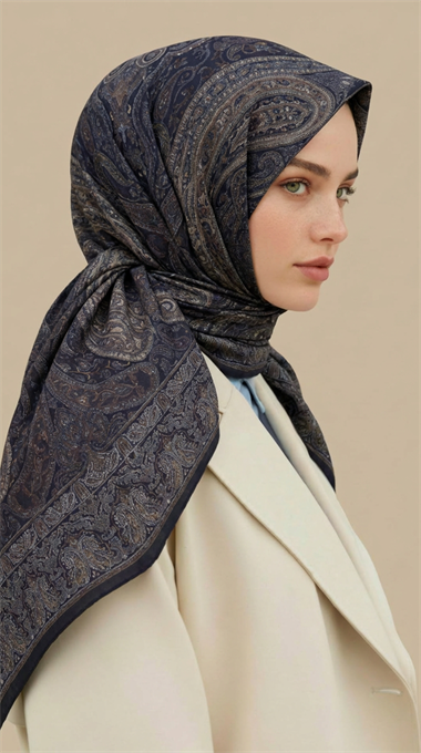 ETNİK DESEN 120 CM COTTON ŞAL EŞARP - LACİVERT / KAHVERENGİ 