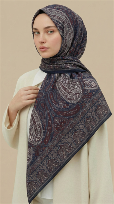 ETNİK DESEN 120 CM COTTON ŞAL EŞARP - LACİVERT / BORDO