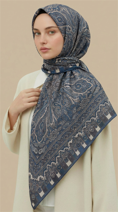 ETNİK DESEN 120 CM COTTON ŞAL EŞARP - LACİVERT / KREM