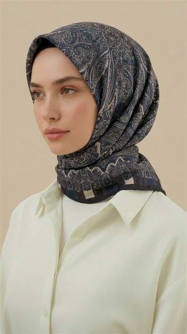 ETNİK DESEN 120 CM COTTON ŞAL EŞARP - LACİVERT / KREM