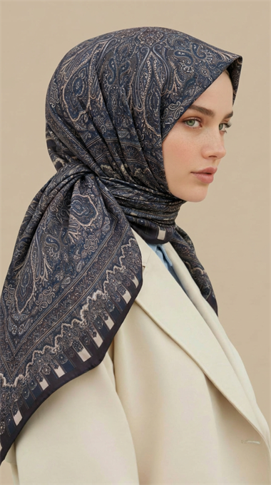 ETNİK DESEN 120 CM COTTON ŞAL EŞARP - LACİVERT / KREM