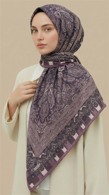 ETNİK DESEN 120 CM COTTON ŞAL EŞARP -  LİLA / GRİ