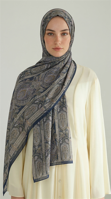 ETNİK DESEN COTTON ŞAL - LACİVERT / KREM 