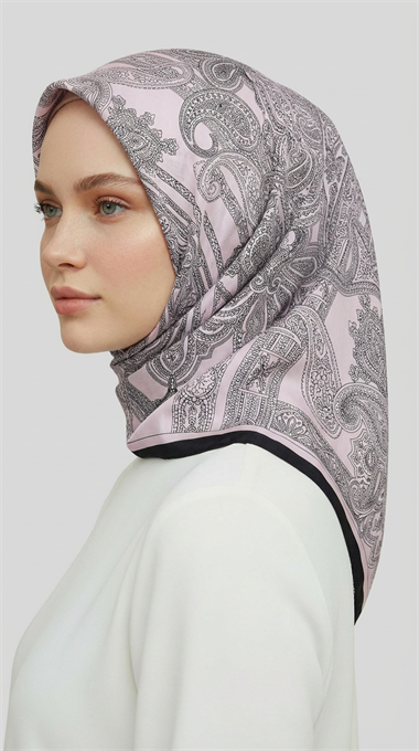 ETNİK DESEN TWİL POLYESTER EŞARP - GRİ / TOZ PEMBE