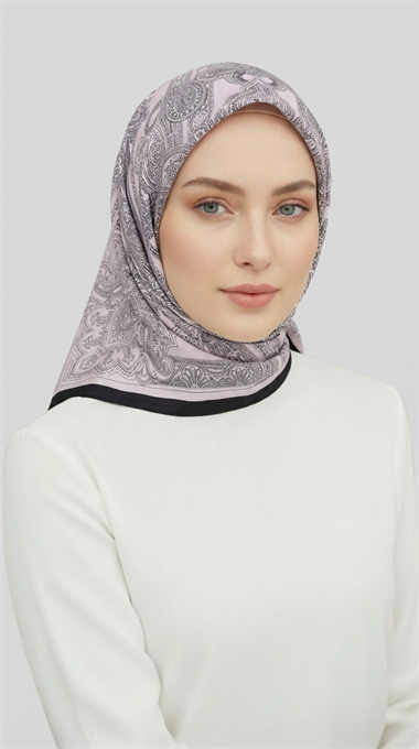 ETNİK DESEN TWİL POLYESTER EŞARP - GRİ / TOZ PEMBE