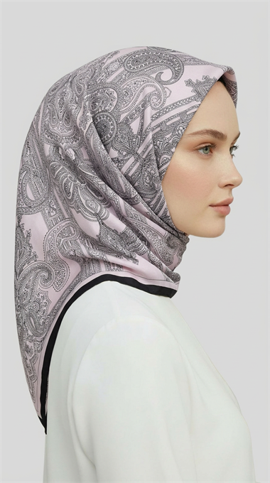 ETNİK DESEN TWİL POLYESTER EŞARP - GRİ / TOZ PEMBE