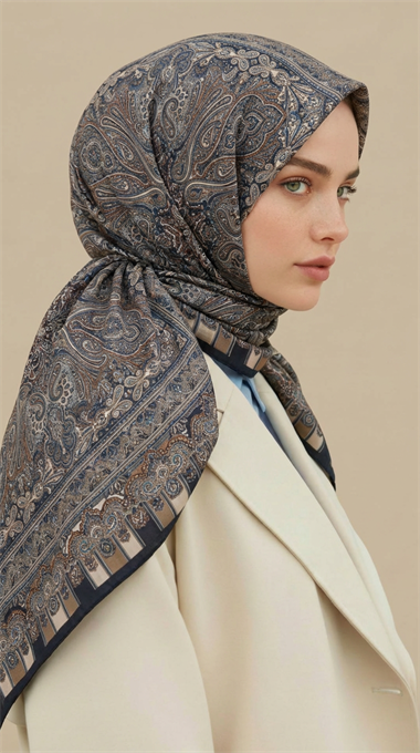 ETNİK DESENLİ 120*120 CM COTTON ŞAL EŞARP - LACİVERT / BEJ