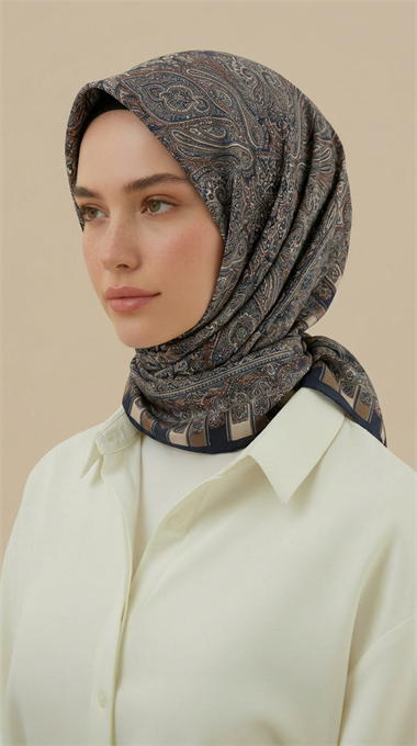 ETNİK DESENLİ 120*120 CM COTTON ŞAL EŞARP - LACİVERT / BEJ