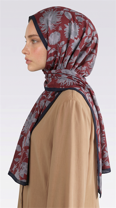 Karaca EşarpCOTTON ŞAL FLORA DESENLİ COTTON ŞAL - GRİ / BORDO
