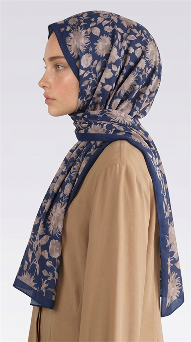 FLORA DESENLİ COTTON ŞAL - LACİVERT / KREM 