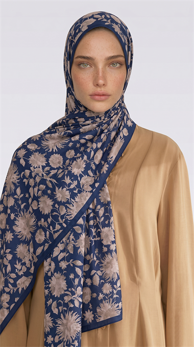 FLORA DESENLİ COTTON ŞAL - LACİVERT / KREM 