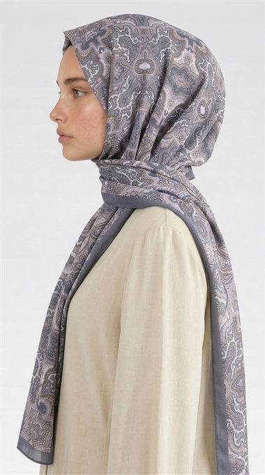 LARA MOTİF DESENLİ COTTON ŞAL - GRİ / EKRU