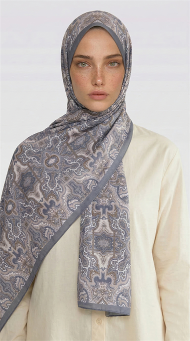 LARA MOTİF DESENLİ COTTON ŞAL - GRİ / EKRU