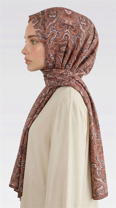 LARA MOTİF DESENLİ COTTON ŞAL - KAHVERENGİ/ KİREMİT