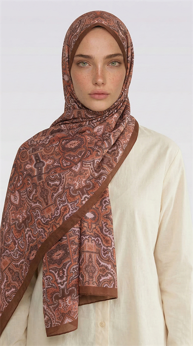 LARA MOTİF DESENLİ COTTON ŞAL - KAHVERENGİ/ KİREMİT