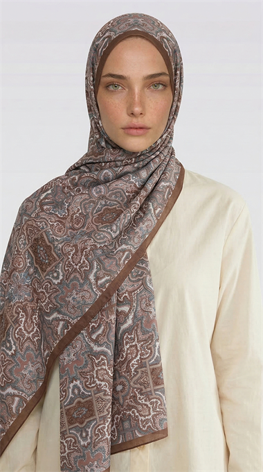 LARA MOTİF DESENLİ COTTON ŞAL - KAHVERENGİ / GRİ 