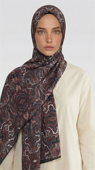LARA MOTİF DESENLİ COTTON ŞAL - KAHVERENGİ / SİYAH