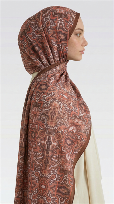 LARA MOTİF DESENLİ COTTON ŞAL - KAHVERENGİ/ KİREMİT