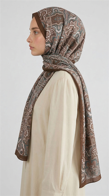 LARA MOTİF DESENLİ COTTON ŞAL - KAHVERENGİ / GRİ 