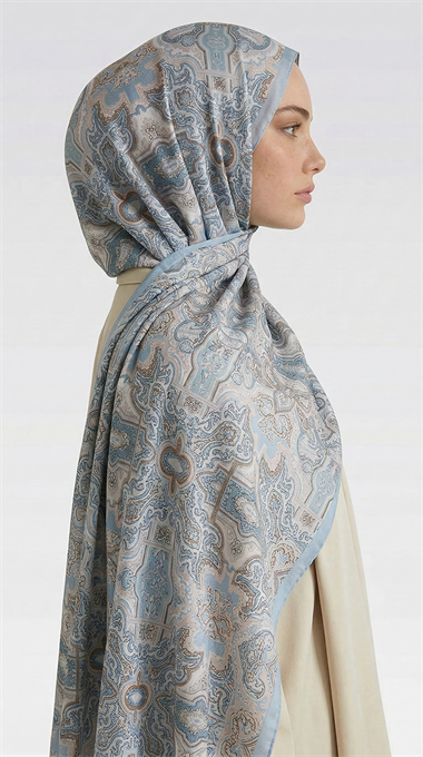 LARA MOTİF DESENLİ COTTON ŞAL - KREM / BUZ MAVİSİ