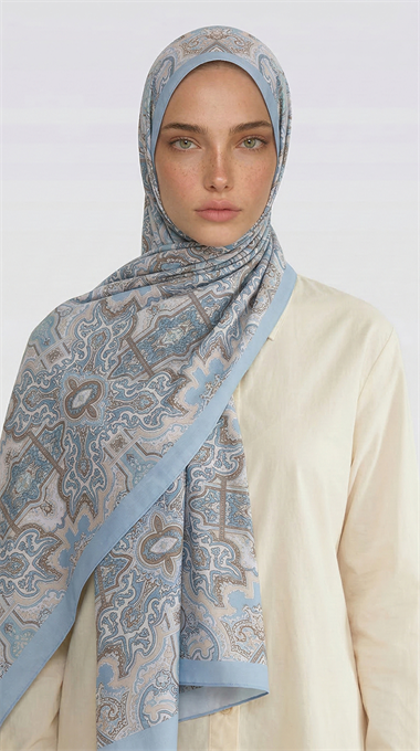 LARA MOTİF DESENLİ COTTON ŞAL - KREM / BUZ MAVİSİ