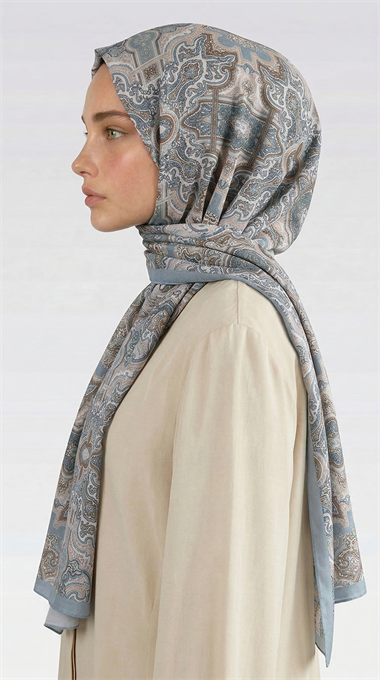 LARA MOTİF DESENLİ COTTON ŞAL - KREM / BUZ MAVİSİ