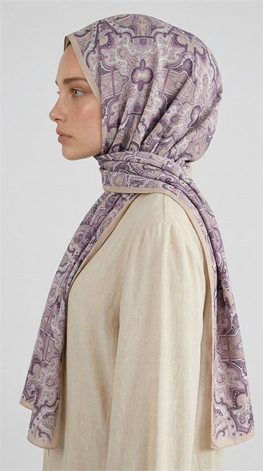 LARA MOTİF DESENLİ COTTON ŞAL - KREM / LİLA