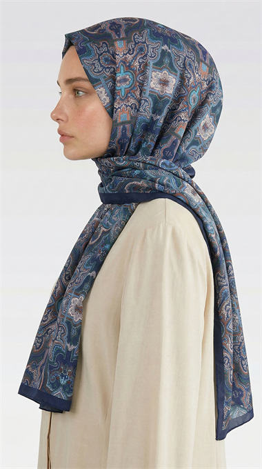 LARA MOTİF DESENLİ COTTON ŞAL - LACİVERT / KİREMİT