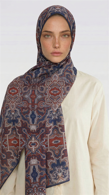 LARA MOTİF DESENLİ COTTON ŞAL - LACİVERT /KIRMIZI