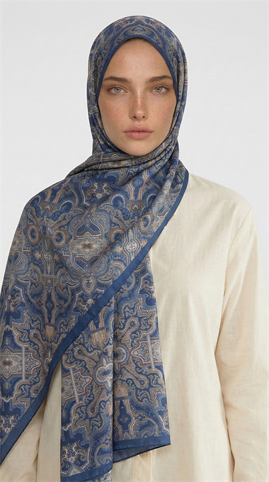 LARA MOTİF DESENLİ COTTON ŞAL - LACİVERT / VİZON