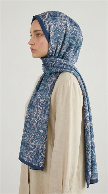 LARA MOTİF DESENLİ COTTON ŞAL - LACİVERT / BEYAZ