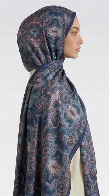 LARA MOTİF DESENLİ COTTON ŞAL - LACİVERT / KİREMİT