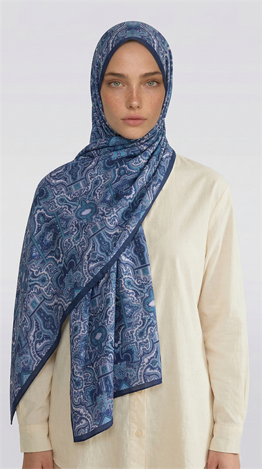 LARA MOTİF DESENLİ COTTON ŞAL - LACİVERT / BEYAZ